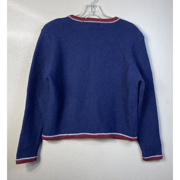 90s Vtg Womens Skyr Shetland Wool Cardigan Sweater Button Front Blue Red 38 Flaw - Picture 2 of 11